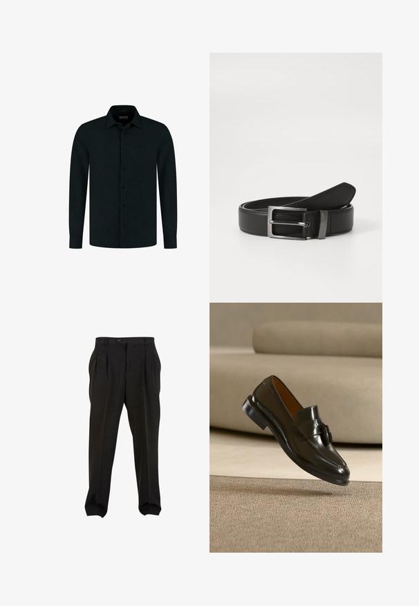 Chemise à manches longues bleu foncé, boutonnée sur le devant, col classique, logo discret sur la poitrine et cinq boutons assortis.; Pantalon noir taille haute plissé avec passants de ceinture, fermeture par bouton et jambes fuselées présenté sur fond blanc.; Mocassin en cuir noir avec pompons flottant au-dessus d'un tapis beige avec un canapé beige en arrière-plan.; Ceinture en cuir noir avec une boucle en métal argenté, présentant une finition lisse et un design classique. La ceinture est soigneusement pliée.