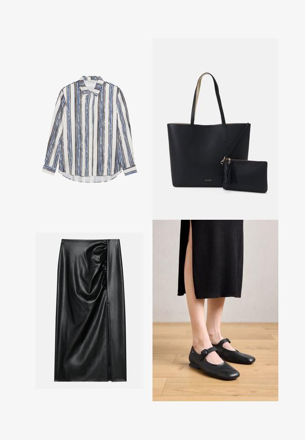 Button-up skjorte med lodrette striber i nuancer af blå, sort og hvid. Fremstillet af glat stof med klassisk krave og knaplukning.; Sort læderskirt med en glat overflade, der har en indsamlet sektion på den ene side og en skråning på siden for ekstra detaljer.; Sorte læder Mary Jane flade sko med en lille hæl, der har en rund tå og en sidelukning. Den strukturerede design forbedrer det visuelle indtryk.; Sort tote taske med struktureret materiale, to lange håndtag og en aftagelig lynlåspose med en frynse-detalje. Guld mærkelogo synligt.