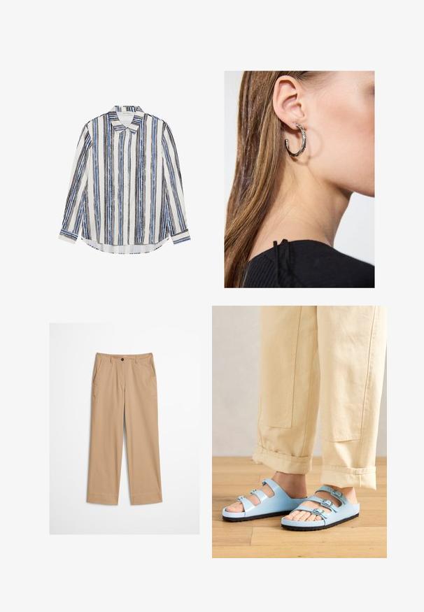 Chemise à boutons avec des rayures verticales dans des nuances de bleu, noir et blanc. Fabriquée en tissu lisse avec un col classique et une fermeture à boutons.; Pantalon beige en coton avec jambes droites, fermeture à bouton sur le devant et texture lisse. Comprend des passants de ceinture standard et un design à l'avant plat.; Des sandales à glissière bleu clair avec trois sangles réglables et des boucles en argent ; semelle texturée et matériau supérieur lisse. Portées avec un pantalon beige retroussé.; Boucle d'oreille en argent avec une finition polie, présentant de petits détails en or et de forme ronde, portée sur le lobe.