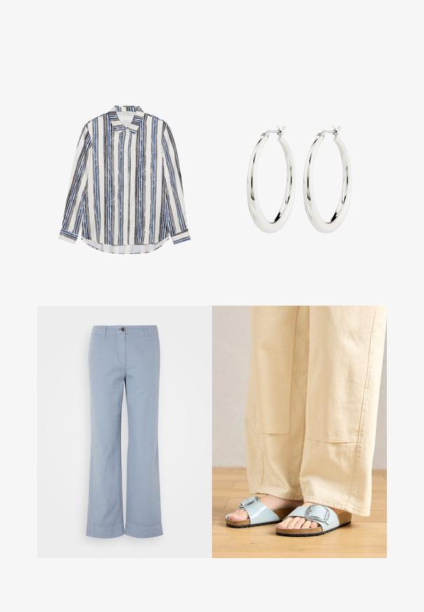 Button-up skjorte med lodrette striber i nuancer af blå, sort og hvid. Fremstillet af glat stof med klassisk krave og knaplukning.; Lysblå linnedragter med lige ben, knaplukning og opretstående kant. Glat tekstur, designet til afslappet brug.; Lysblå strandsandaler med en bred rem og sølvspænde, der har en tekstureret kork-sål og en sort gummiydersål.; Sølvøreringe i form af hoops med en glat, blank finish. Cirkulær form, der har en sikker lås. Simpelt og elegant design.