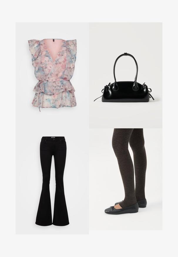 Top envoltura floral en tejido transparente con tonalidades rosa, azul y gris, mangas abullonadas, escote en V profundo y un lazo en la cintura con un dobladillo con volantes.; Pantalones vaqueros negros de campana, confeccionados en denim elástico, con una cintura ajustada, bolsillos delanteros y traseros, y un cierre de botón en la cintura.; Piernas con leggings oscuros acanalados combinados con bailarinas negras que presentan pequeños detalles de lazo sobre un fondo blanco.; Pequeño bolso negro brillante con dos asas largas y detalles de cordón lateral sobre un fondo claro liso.