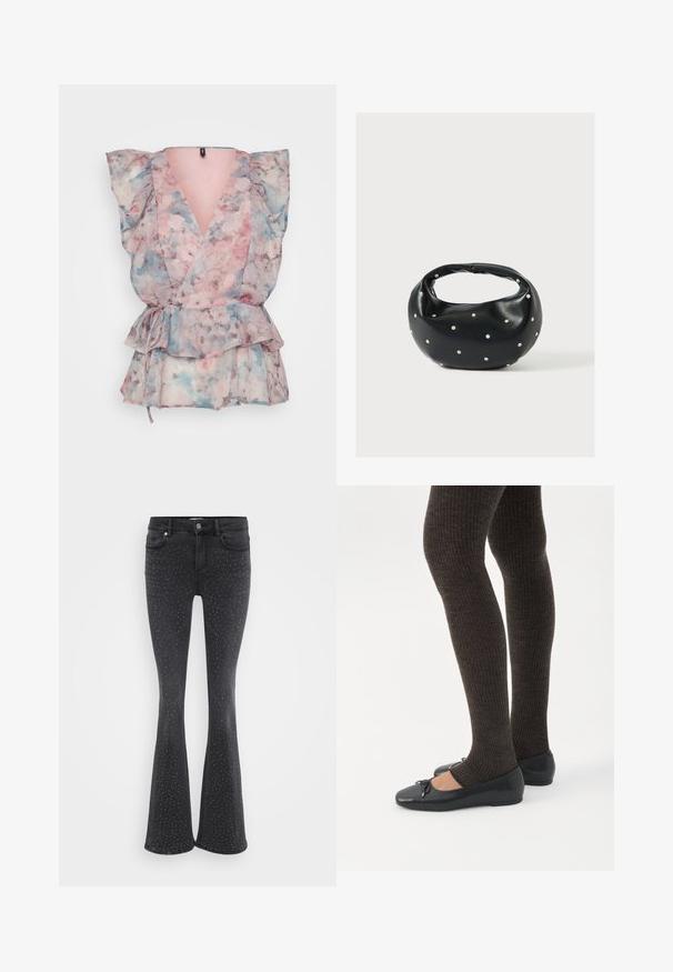 Bloemige wikkeltop in doorzichtig materiaal met roze, blauwe en grijze tinten, pofmouwen, een diepe V-hals, een strik in de taille en een gerimpelde zoom.; Zwarte flared jeans van denim, versierd met metallic studs. Vijf zakken en een sluiting met een knoop aan de voorkant.; Benen met donkere geribbelde leggings gecombineerd met zwarte ballerina's met kleine strikdetails op een witte achtergrond.; Zwarte leren handtas met een afgeronde vorm, versierd met zilveren studs, en een korte handgreep. Gladde textuur en ritsluiting.