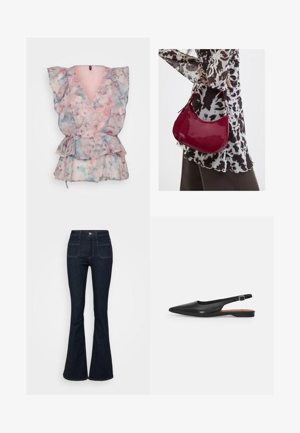 Top envoltura floral en tejido transparente con tonalidades rosa, azul y gris, mangas abullonadas, escote en V profundo y un lazo en la cintura con un dobladillo con volantes.; Jeans acampanados de color azul marino hechos de denim, con cintura alta, cinco bolsillos y costuras en contraste a lo largo de las costuras. Textura suave.; Zapato de cuero negro tipo slingback con punta afilada, ligero brillo y correa ajustable en el tobillo. Tacón plano con plantilla marrón.; Mujer con blusa de estampado en blanco y negro sosteniendo un bolso de hombro rojo brillante sobre un fondo liso.
