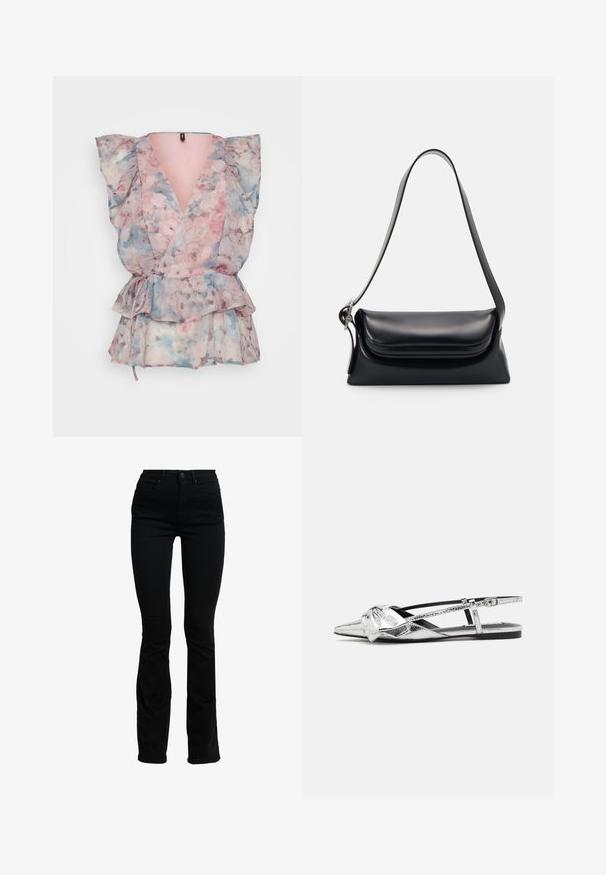 Bloemige wikkeltop in doorzichtig materiaal met roze, blauwe en grijze tinten, pofmouwen, een diepe V-hals, een strik in de taille en een gerimpelde zoom.; Zwarte high-waisted skinny jeans met een lichte flare bij de enkels, voorzien van voor- en achterzakken en een knoopsluiting.; Zilver metallic slingback ballerina's met een spitse neus, voorzien van een knoopdetail aan de voorkant en een verstelbare band voor een secure pasvorm.; Zwarte leren handtas met een gestructureerde vorm, een gladde textuur en een enkele schouderband. Heeft een subtiele, afgeronde klepontwerp.