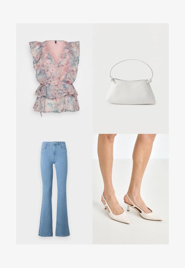 Blumen-Wickeloberteil aus transparentem Stoff in Rosa-, Blau- und Grautönen, mit Puffärmeln, einem tiefen V-Ausschnitt und einem Gürtel in der Taille sowie einem rüschierten Saum.; Helle blaue Schlagjeans aus Denim, mit hoher Taille, fünf Taschen, einem Reißverschluss auf der Vorderseite und einem metallischen Knopfverschluss.; Beige Lackleder Slingback-Absätze mit spitzem Fuß und 5 cm Absatz, mit ausgeschnittenen Seiten und einem schmalen Knöchelriemen.; Weiße gewebte Lederhandtasche mit abgerundetem Griff und verknoteten Riemenenden, vor schlichtem Hintergrund präsentiert.