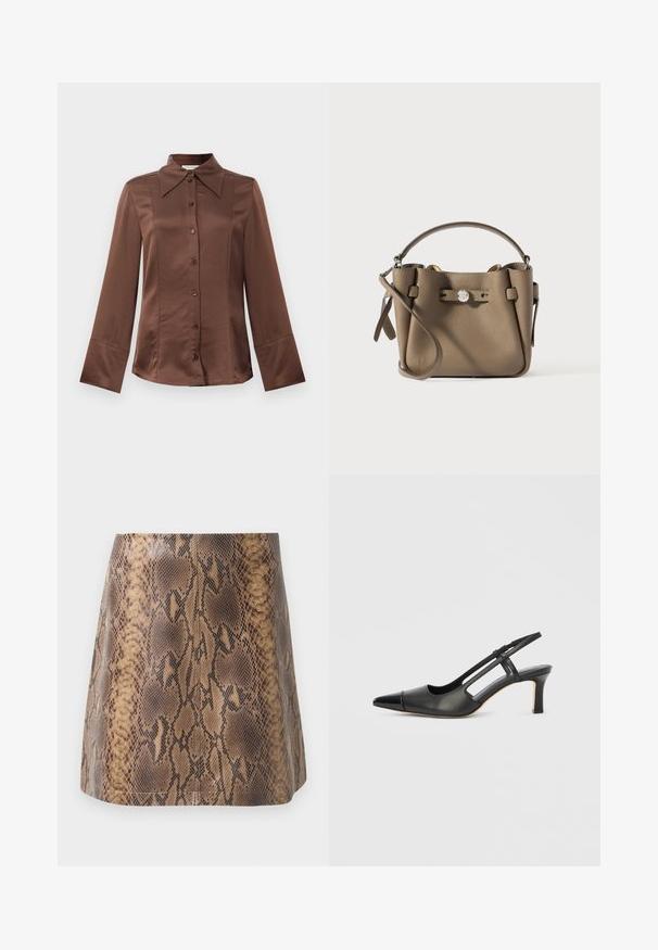 Brun satin skjorte med klassisk krave, lange ærmer og frontlukning med knapper. Kendt for sin glatte tekstur og skræddersyet pasform.; Brun slangeskindsprint mini-nederdel lavet af kunstlæder, med en glat tekstur, tætsiddende silhuet og subtile syninger.; Sort læder slingback-sko med spids tå, der har en blank accent på tåhætten og en mellemhøj hæl. Åben sidesektion.; Lille taupe læder håndtaske med top håndtag, aftagelig skulderrem og sølvknaplukning foran.