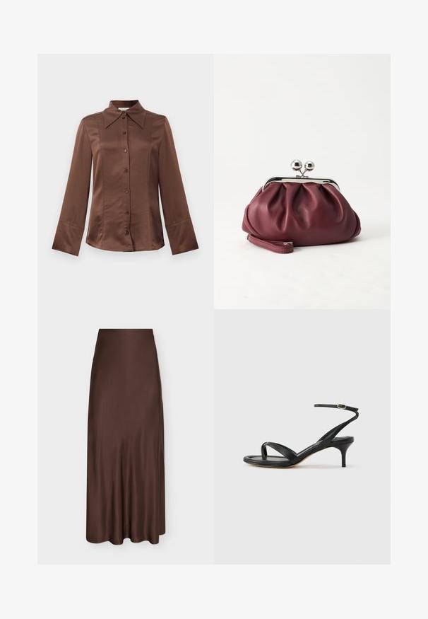 Brun satin skjorte med klassisk krave, lange ærmer og frontlukning med knapper. Kendt for sin glatte tekstur og skræddersyet pasform.; Lang brun satin nederdel med glat finish, høj talje og let vidde ved kanten, vist på en enkel lys baggrund.; Sort damesandal i læder med tynde remme, en tå-loop, ankelspænde og en mellemhøj stiletthæl på en neutral baggrund.; Lille bordeauxlæder clutch-pung med sølv metal lukning og håndledsrem på hvid baggrund.