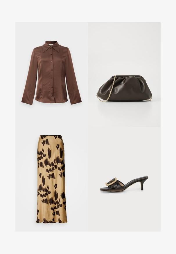 Brun satin skjorte med klassisk krave, lange ærmer og frontlukning med knapper. Kendt for sin glatte tekstur og skræddersyet pasform.; Beige midi nederdel med uregelmæssigt mørkebrun leopardprint, lige snit og let glans på stoffet.; Sort læder åben tå mule med lav stilethæl og stor guldbøjle-detalje hen over den øverste rem.; Brun læderhandtaske med en sammensnøring, guld kædestrop og blød, struktureret overflade. Kompakt form velegnet til aftensbrug.