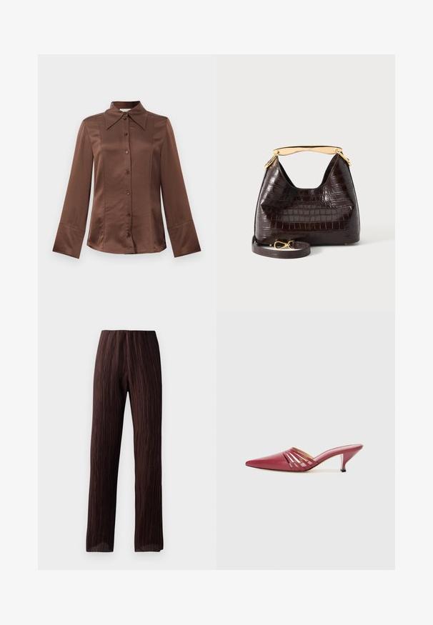 Brun satin skjorte med klassisk krave, lange ærmer og frontlukning med knapper. Kendt for sin glatte tekstur og skræddersyet pasform.; Brune brede bukser med plisseret tekstur, høj talje og et flydende design. Fremstillet af letvægtsstof. Ingen synlige lukninger.; Røde lædermules med spids tå og lav hæl, med udskårne sideaccenter og en glat tekstur. Slankt og strømlinet design.; Mørkebrun håndtaske med krokodilletekstur, buet guldhåndtag og aftagelig matchende rem med gyldent lås, vist på hvid baggrund.