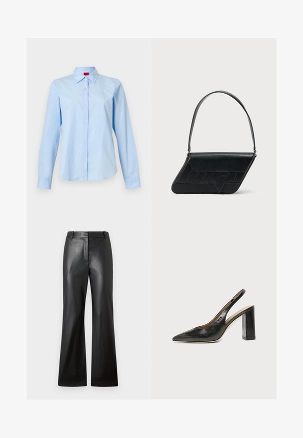 Chemise bleu clair à manches longues avec col pointu et petit logo sur la poitrine gauche, présentée sur un fond blanc uni.; Pantalons en cuir noir avec une texture lisse, design à jambes larges et une taille mi-haute dotée de passants de ceinture et de poches avant.; Chaussure slingback en cuir noir à bout pointu avec un talon bloc haut et une doublure intérieure beige sur un fond clair uni.; Sac d'épaule en cuir noir de forme triangulaire, avec un logo embossé et une seule bandoulière réglable. Design minimaliste avec une texture lisse.