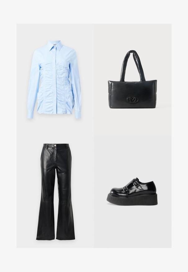 Chemise à manches longues bleu clair avec un col boutonné, présentant des volants verticaux à l'avant et une coupe ajustée. Tissu en mélange de coton.; Pantalons en faux cuir noir avec taille haute, fermeture à boutons, passants de ceinture et jambes évasées sur fond blanc.; Chaussure plateforme noire brillante avec semelle texturée épaisse et deux sangles à boucles en argent sur le côté, présentée en profil sur un fond blanc.; Sac à main rembourré rectangulaire noir avec deux poignées rembourrées et un logo embossé central sur le panneau avant.