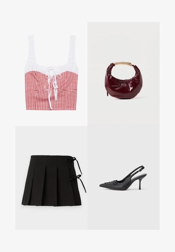 Haut cropped à carreaux rouges et blancs avec un haut froncé blanc, décolleté carré et lien ajustable à l'avant. Tissu en mélange de coton.; Jupe plissée noire avec des liens sur les côtés, fabriquée dans un tissu à la texture lisse ; elle présente un design structuré et des lignes épurées.; Escarpin en cuir noir à talon aiguille avec un bout pointu, une bride latérale à boucle, des clous le long du bord et un laçage décoratif à l'avant.; Sac à main en simili cuir bordeaux avec une forme arrondie, des détails froncés et une anse en métal doré. Texture lisse et finition brillante.