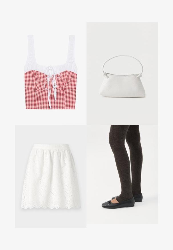 Haut cropped à carreaux rouges et blancs avec un haut froncé blanc, décolleté carré et lien ajustable à l'avant. Tissu en mélange de coton.; Jupe blanche en dentelle avec un ourlet en forme de vagues. Présente une taille froncée et des motifs perforés complexes sur tout le tissu.; Jambes portant des leggings côtelés foncés associés à des ballerines noires avec de petits détails en nœud sur fond blanc.; Sac à main en cuir tressé blanc avec poignée arrondie et extrémités de lanière nouées, présenté sur un fond uni.