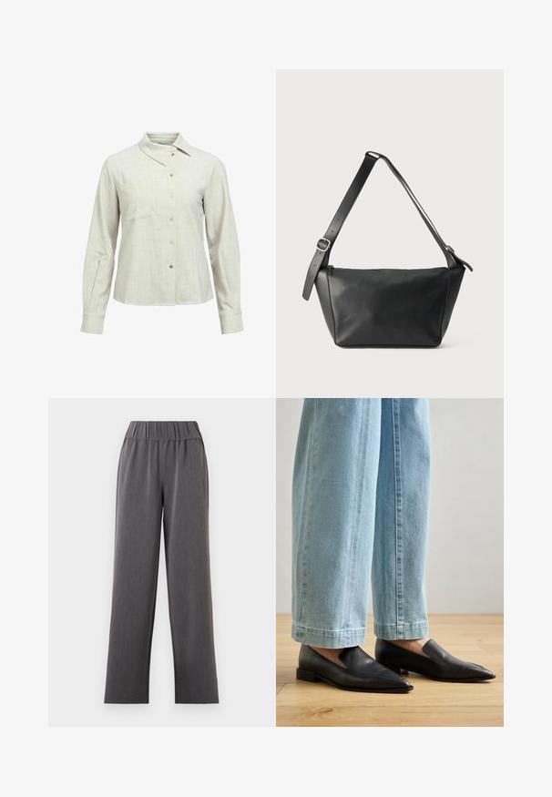 Chemise à manches longues beige clair avec boutons, col pointu et détail discret de poche poitrine sur fond blanc.; Pantalons gris à larges jambes avec une taille élastique, présentant une texture lisse et des rayures verticales discrètes, conçus pour le confort et la facilité de port.; Chaussures en cuir noir à bout pointu et à enfilage, associées à un jean large bleu clair, sur un sol en bois.; Sac à bandoulière en cuir noir avec une large sangle réglable et une boucle argentée, présenté sur un fond clair uni.