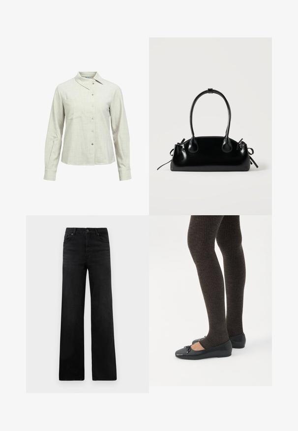 Chemise à manches longues beige clair avec boutons, col pointu et détail discret de poche poitrine sur fond blanc.; Jean en denim noir à jambe large avec un design classique à cinq poches, doté d'une fermeture à bouton et d'une texture subtile. Lignes épurées et embellissements minimalistes.; Jambes portant des leggings côtelés foncés associés à des ballerines noires avec de petits détails en nœud sur fond blanc.; Petit sac à main noir brillant avec deux longues anses et des détails à cordon sur les côtés sur un fond clair uni.