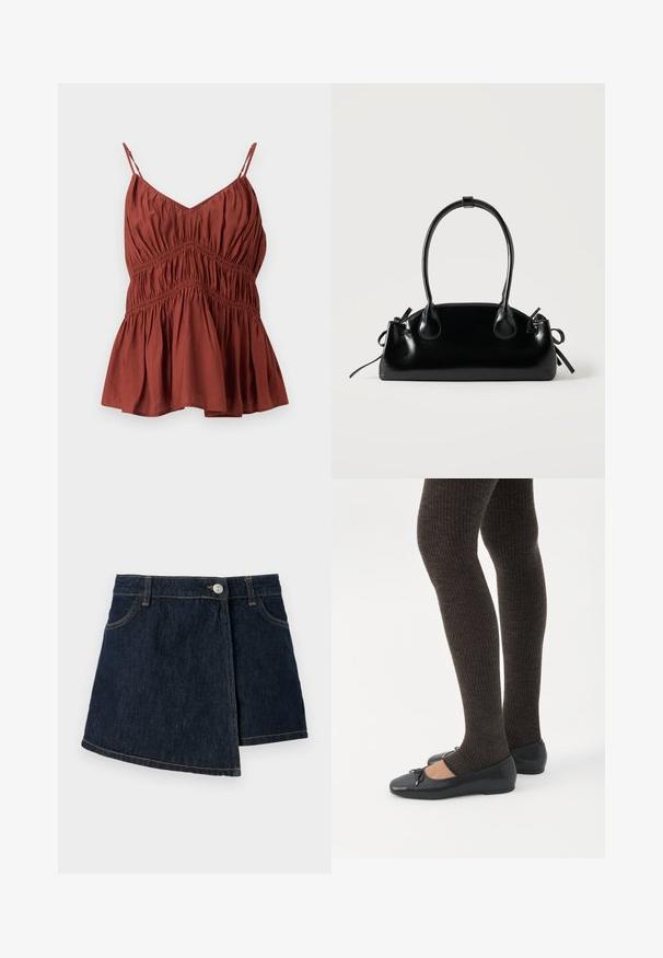 Blouse sans manches couleur rouille avec fines bretelles ajustables, détails froncés en tissu et ourlet évasé.; Jupe en denim avec une teinte foncée, de forme A, fermeture à boutons sur le devant et détails de couture subtils. Elle présente un design enroulé sur le côté.; Jambes portant des leggings côtelés foncés associés à des ballerines noires avec de petits détails en nœud sur fond blanc.; Petit sac à main noir brillant avec deux longues anses et des détails à cordon sur les côtés sur un fond clair uni.