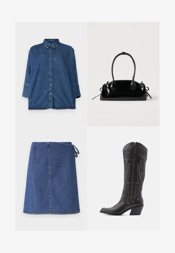 Denimskjorte med klassisk krave, blå farve, oversized pasform og dekorative hjerteformede udsparinger. Har trykknapper og lange ærmer.; Denim indpakningsskørt i mørkeblå. Har en lige snit, synlige syninger og et sideløkke til justering. Glat tekstur og standard kant.; Brune læder cowboystøvler med flammebroderi, sidelukning med lynlås, sølvnitter, spids snude og lagdelt hæl.; Lille sort blank håndtaske med to lange håndtag og snøre-detaljer i siden på en ensfarvet lys baggrund.