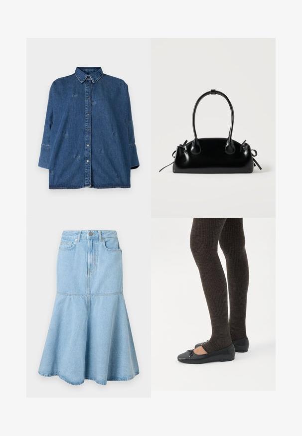 Denimhemd mit klassischem Kragen, blauer Farbe, oversized Schnitt und dekorativen herzförmigen Ausschnitten. Verfügt über Druckknöpfe und lange Ärmel.; Helles Jeansrock in A-Linie mit weitem Saum, der eine taillierte Passform, Taschen und dezente Nähdetails aufweist.; Beine in dunklen, gerippten Leggings kombiniert mit schwarzen Ballerinas mit kleinen Schleifendetails auf weißem Hintergrund.; Kleine schwarze glänzende Handtasche mit zwei langen Griffen und seitlichen Kordelzug-Details vor einfachem hellem Hintergrund.