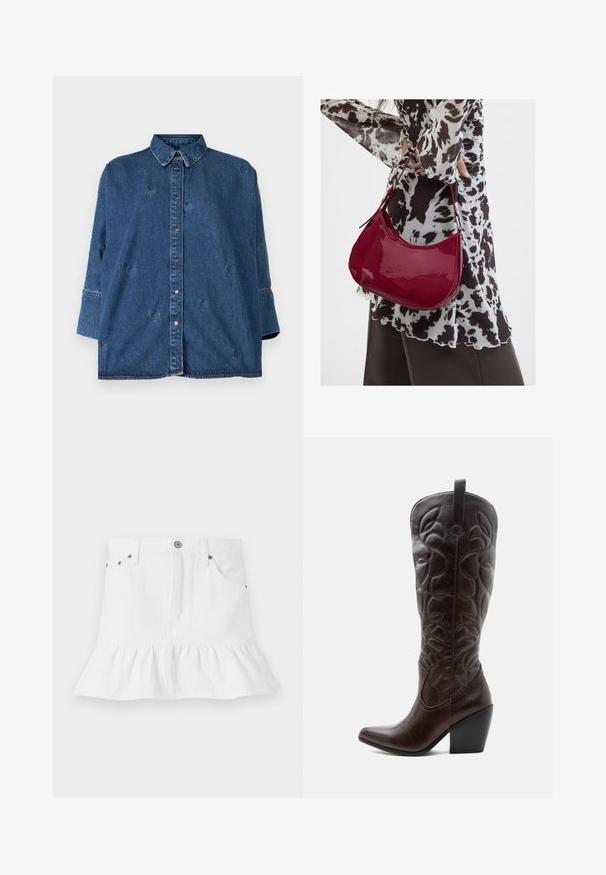 Denim shirt met een klassieke kraag, blauwe kleur, oversized pasvorm en decoratieve hartvormige uitsparingen. Heeft drukknopen en lange mouwen.; Witte denimrok met een geplooide zoom, voorzien van een vijf-pocket ontwerp, een sluiting met knopen aan de voorkant en metalen hardware accenten.; Lange donkerbruine leren cowboylaars met gestikte decoratieve patronen, spitse neus en gestapelde blokhak.; Vrouw met een zwart-wit gebloemde blouse houdt een glanzende rode schoudertas vast tegen een effen achtergrond.