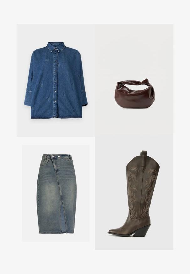 Denim shirt met een klassieke kraag, blauwe kleur, oversized pasvorm en decoratieve hartvormige uitsparingen. Heeft drukknopen en lange mouwen.; Denim kokerrok in vervaagd blauw met een split aan de voorkant, twee voorzakken en een zilveren knoopsluiting. Lichtelijk verouderde textuur.; Bruine leren cowboylaars met een spitse neus, wiggenhak en decoratieve borduursels. Heeft een hoge schacht en een trekriem.; Donkerbruine leren schoudertas met een zachte, slungelige vorm en een gedraaide knoopvormige handgreep op een effen witte achtergrond.