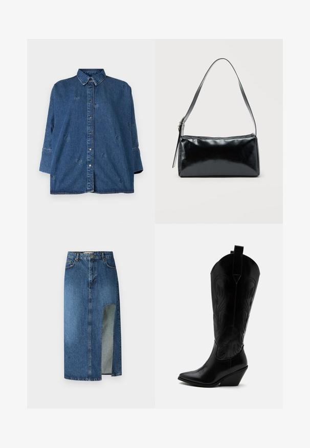 Denim särg klassikalise kaelusega, sinine värv, oversized lõige ja dekoratiivsete südamekujude lõigetega. Omab nupuleheket ja pika varrukaga disaini.; Keskmise sinise denimpadiotega seelik sirge lõike ja külgsihiga. Omab klassikalist viie tasku disaini ja vöökohati, nähtava õmblusega.; Mustast nahast kauboi saabas terava varbaosaga, kaldus kand, dekoratiivse õmblusega ning nööpidega üleval valge tausta peal.; Must ristkülikukujuline õlakott ühe reguleeritava rihmaga ja ülemise tõmblukuga, ühtlase taustaga.