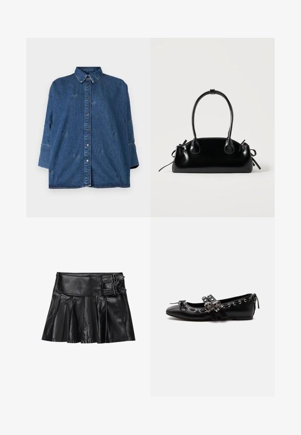 Denimskjorte med klassisk krave, blå farve, oversized pasform og dekorative hjerteformede udsparinger. Har trykknapper og lange ærmer.; Sort læderskirt med pliser, bred talje og to spænde-accenter på siden. Glat tekstur med en blank finish.; Sort flad balletsko med dobbelt spænde, sølvøjer og en lille sløjfe nær den runde tå på en hvid baggrund.; Lille sort blank håndtaske med to lange håndtag og snøre-detaljer i siden på en ensfarvet lys baggrund.