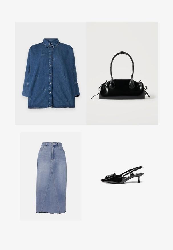 Denimskjorte med klassisk krave, blå farve, oversized pasform og dekorative hjerteformede udsparinger. Har trykknapper og lange ærmer.; Denim midi nederdel i lys blå, med høj talje, frontsømmene og en ujævn kant med rå kanter for et struktureret finish.; Sorte patenterede læderslingbacks med spids tå, en sløjfedetalje foran og en lille stilettohæle. Remmene har justerbare spænder.; Lille sort blank håndtaske med to lange håndtag og snøre-detaljer i siden på en ensfarvet lys baggrund.