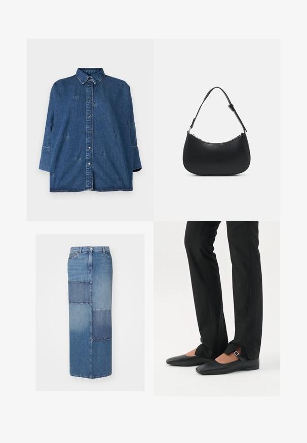 Denimskjorte med klassisk krave, blå farve, oversized pasform og dekorative hjerteformede udsparinger. Har trykknapper og lange ærmer.; Jeansskørt med patchwork i forskellige nuancer af blå, med lige snit, høj talje og en ren kant.; Ben iført sorte smalle bukser med forreste slidser ved kanten, parret med sorte flade Mary Jane-sko med lille spænde.; Pieces PCALUANA SHOULDER BAG - Håndtasker - black