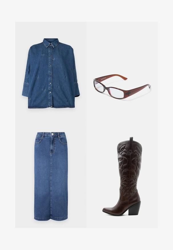 Denimhemd mit klassischem Kragen, blauer Farbe, oversized Schnitt und dekorativen herzförmigen Ausschnitten. Verfügt über Druckknöpfe und lange Ärmel.; Maxi-Rock aus Denim in Dunkelblau, mit geradem Schnitt, Bund mit Knopfverschluss und minimalistischen Nähten.; Hoher dunkelbrauner Leder-Cowboystiefel mit gestickten dekorativen Mustern, spitzer Spitze und gestapeltem Blockabsatz.; Braun getönte rechteckige Brille mit glänzender Oberfläche, schlanken Bügeln und transparenten Gläsern. Logo auf dem linken Bügel sichtbar.