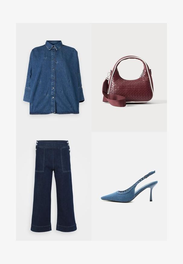 Denim shirt met een klassieke kraag, blauwe kleur, oversized pasvorm en decoratieve hartvormige uitsparingen. Heeft drukknopen en lange mouwen.; Donkerblauwe denimwijdemouwen met een hoge taille, twee voorzakken en drie knoopaccenten op de tailleband.; Blauwe denim slingback pump met spitse neus, zilveren oogjes en verstelbare gespsluiting.; Donkerrode geweven leren handtas met gebogen handvat, witte bies, zilveren rits en afneembare brede stoffen schouderriem tegen een effen achtergrond.