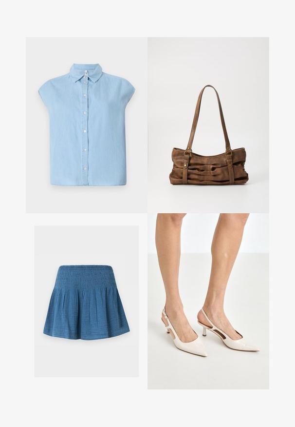Blaues kurzärmliges Hemd mit Knopfleiste aus Denim-Stoff, klassischem Kragen und vorderer Knopfleiste, mit lockerer Passform und flachem Saum.; Blauer knielanger Rock mit elastischem Taillenbund und gesammeltem Stoff für eine ausgestellte Silhouette, auf weißem Hintergrund dargestellt.; Beige Lackleder Slingback-Absätze mit spitzem Fuß und 5 cm Absatz, mit ausgeschnittenen Seiten und einem schmalen Knöchelriemen.; Even&Odd Handtasche - brown