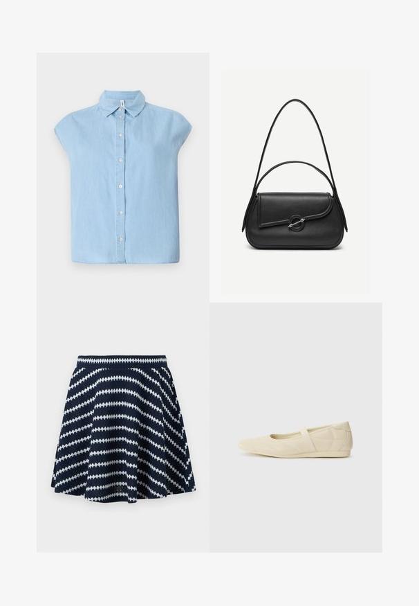 Blå kortærmet skjorte med knapper lavet af denimstof, med en klassisk krave og frontlukning med knapper, i en afslappet pasform og lige kant.; Marineblå strikket nederdel med hvide diagonale zigzagstriber og elastisk taljebånd, udvidet silhuet.; Lysebrune ballet flats med en glat læderoverflade, mandelformet tå og elastisk rem over vristen, med diskrete syninger.; Sort læderhåndtaske med afrundede kanter, asymmetrisk klap, metalcirkulært spænde samt både korte og lange skulderstropper.