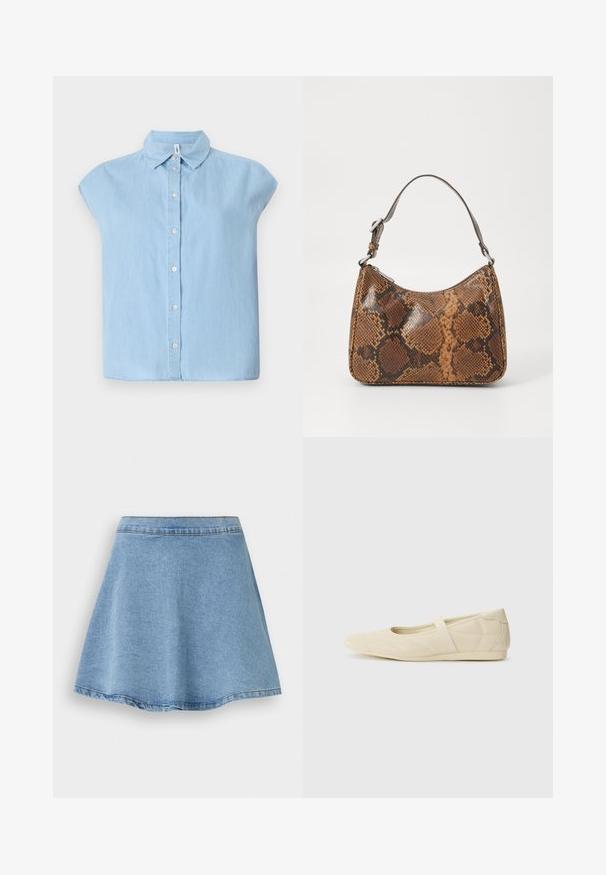 Blauwe korte mouwen knoopjesoverhemd gemaakt van denim stof, met een klassieke kraag en een knoopsluiting aan de voorkant, in een ontspannen pasvorm en met een rechte zoom.; Lichtblauwe denim A-lijn rok met zichtbare stiksels langs de tailleband en zoom, plat getoond tegen een witte achtergrond.; Beige ballerina's met een gladde leren buitenkant, amandelvormige punt en elastische band over de wreef, met subtiele stiksels.; Kleine handtas met een bruin en zwart slangenprintpatroon, korte verstelbare schouderriem en ritssluiting.
