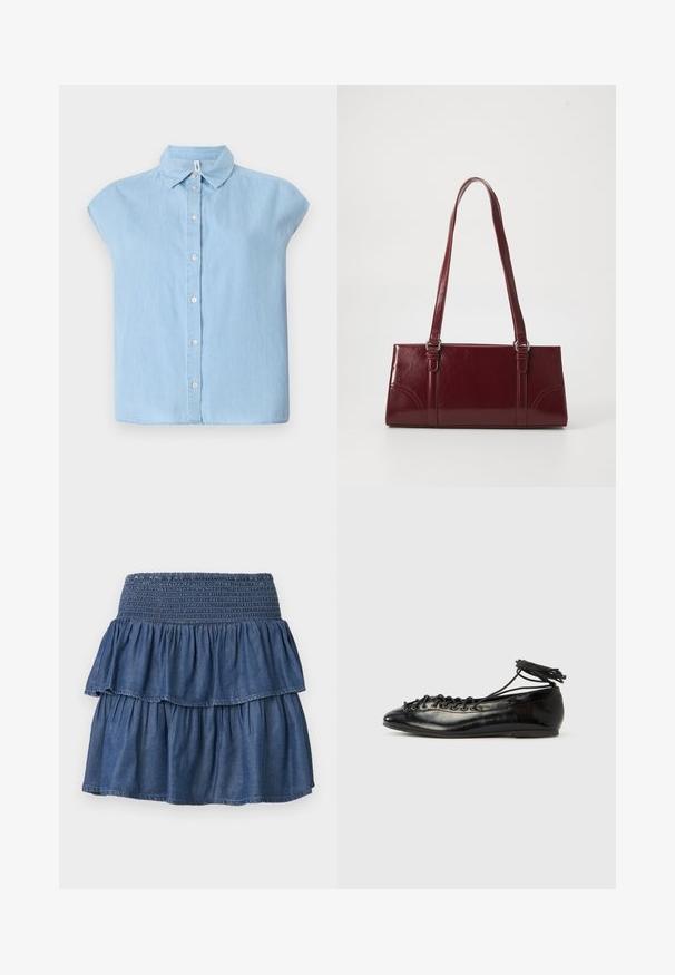 Blauwe korte mouwen knoopjesoverhemd gemaakt van denim stof, met een klassieke kraag en een knoopsluiting aan de voorkant, in een ontspannen pasvorm en met een rechte zoom.; Blauwe gelaagde denimrok met brede geplooide tailleband en twee geplooide lagen op een effen achtergrond.; Zwarte ballerina's van lakleer met een afgeronde neus, veterdesign en een platte zool. Glad oppervlak met minimale details.; Bourgondische handtas van glanzend materiaal, rechthoekige vorm, met twee schouderbanden en subtiele gebogen accenten aan de voorkant.