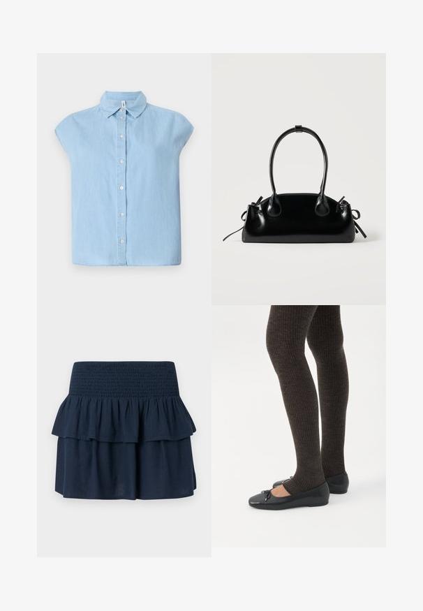 Camisa de botón de manga corta azul hecha de tejido de mezclilla, con un cuello clásico y cierre frontal de botones, con un corte relajado y dobladillo recto.; Minifalda azul marino con cinturilla ancha fruncida y detalle de volantes superpuestos en la parte superior.; Piernas con leggings oscuros acanalados combinados con bailarinas negras que presentan pequeños detalles de lazo sobre un fondo blanco.; Pequeño bolso negro brillante con dos asas largas y detalles de cordón lateral sobre un fondo claro liso.