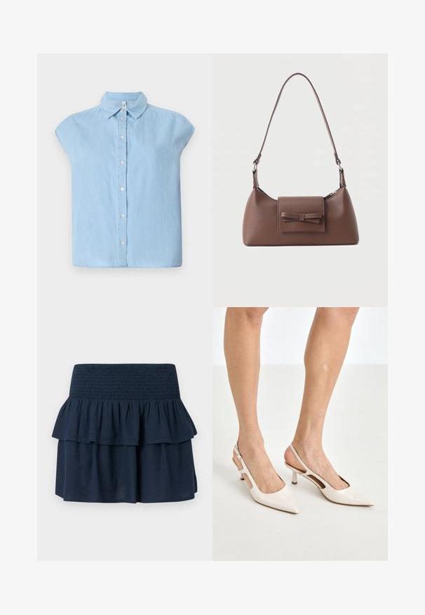 Blå kortærmet skjorte med knapper lavet af denimstof, med en klassisk krave og frontlukning med knapper, i en afslappet pasform og lige kant.; Marineblå mininederdel med bredt smocked taljebånd og lagdelte flæsedetaljer øverst.; Beige patenterede læder slingback hæle med spids tå og 5 cm hæl, med udskårne sider og en tynd ankelrem.; Brun skuldertaske i læder med en frontlomme med klap, der har en sydd sløjfedetalje, og en justerbar rem.