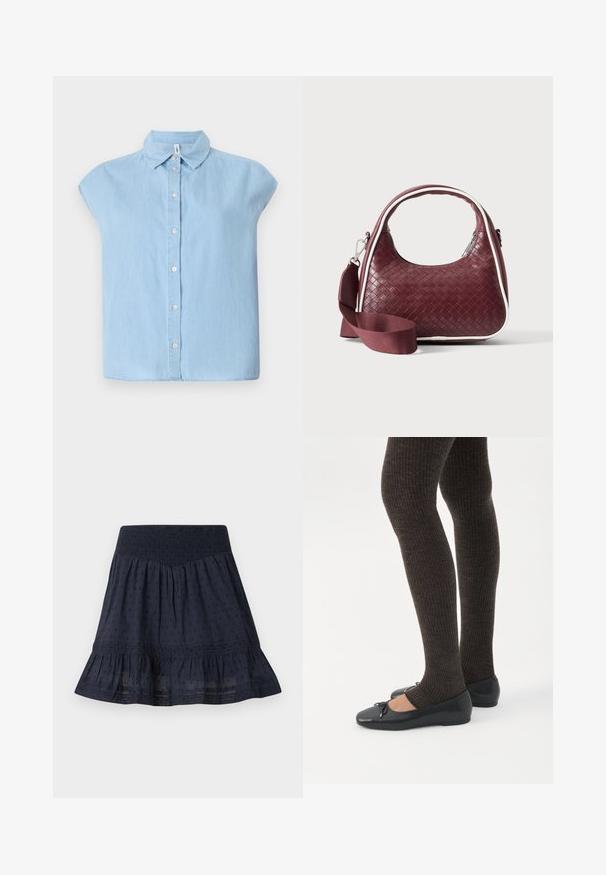 Blå kortærmet skjorte med knapper lavet af denimstof, med en klassisk krave og frontlukning med knapper, i en afslappet pasform og lige kant.; Navyblå knælængde nederdel med elastisk smockpåsyet talje, subtilt prikmønster og flæsekant.; Ben iført mørke ribbede leggings kombineret med sorte balletsko med små sløjfedetaljer på hvid baggrund.; Mørkerød vævet lædertaske med buet hank, hvid kant, sølv lynlås og aftagelig bred stofskulderrem mod en ensfarvet baggrund.