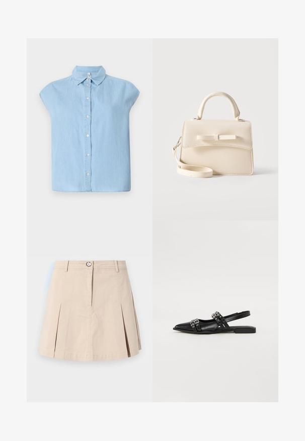 Camisa de botón de manga corta azul hecha de tejido de mezclilla, con un cuello clásico y cierre frontal de botones, con un corte relajado y dobladillo recto.; Falda corta beige con pliegues delanteros, cierre con botón y cremallera, y trabillas para cinturón, mostrada sobre un fondo claro y liso.; Even&Odd Bailarinas con tira trasera - black; Pequeño bolso beige con asa superior, correa desmontable, solapa frontal y lazo decorativo horizontal sobre un fondo liso.