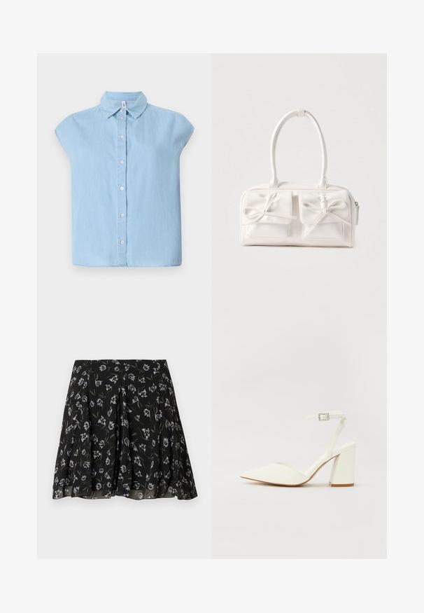 Blå kortærmet skjorte med knapper lavet af denimstof, med en klassisk krave og frontlukning med knapper, i en afslappet pasform og lige kant.; Sort plisseret nederdel med hvidt og olivengrønt blomstermønster, flydende stof med subtil tekstur, midilengde design.; Hvide hælede sandaler med spids tå, justerbar ankelrem og en kraftig firkantet hæl. Glat tekstur med minimale syninger.; Hvid syntetisk håndtaske med to forlommer, hver med en bundet sløjfedetalje. Glat tekstur, afrundede håndtag og lynlås lukning.