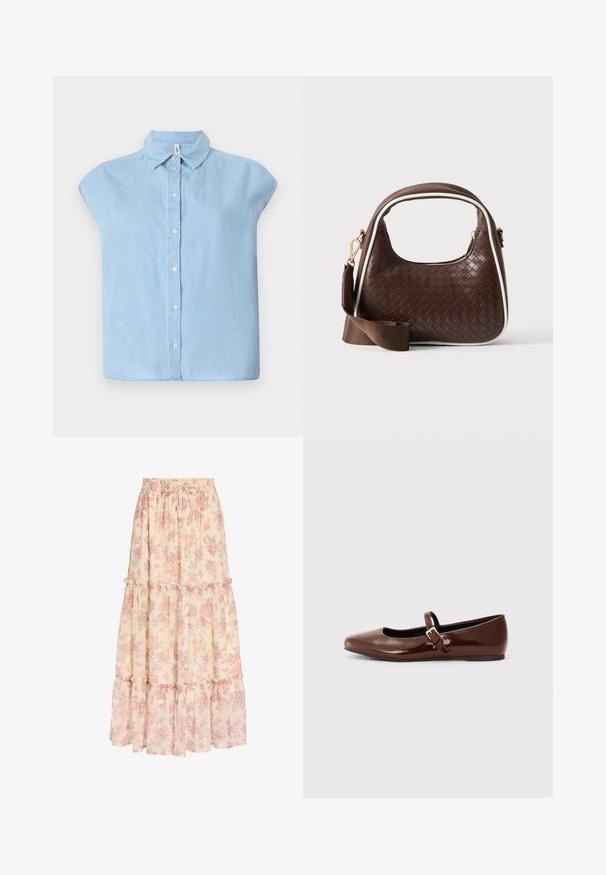 Blå kortærmet skjorte med knapper lavet af denimstof, med en klassisk krave og frontlukning med knapper, i en afslappet pasform og lige kant.; Lang beige nederdel med pink blomsterprint, elastisk talje med snøre og lagdelt flæsedetalje.; Brun patentlæder balletflade med firkantet tå og strop med en lille guldbuckle. Glat tekstur, lav hæl og minimalistisk design.; Brun vævet læderhåndtaske med hvid piping, guldfarvet lynlås og aftagelig brun stofskulderrem.