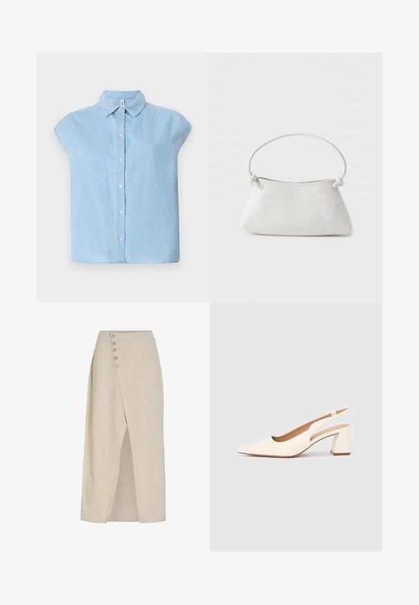 Blå kortærmet skjorte med knapper lavet af denimstof, med en klassisk krave og frontlukning med knapper, i en afslappet pasform og lige kant.; Beige midi omslagsnederdel med frontslids og fire knapper langs venstre linning, lavet af tekstureret stof.; Slingback-pumpe i blank cremefarvet laklæder, med spids snude og kraftig firkantet hæl for stabilitet. Minimalistisk design uden pynt.; Hvid fletlæderhåndtaske med afrundet håndtag og ender på remmen, der er knyttet, vist mod en ensfarvet baggrund.