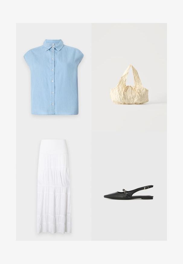 Blauwe korte mouwen knoopjesoverhemd gemaakt van denim stof, met een klassieke kraag en een knoopsluiting aan de voorkant, in een ontspannen pasvorm en met een rechte zoom.; Witte, gelaagde maxi-rok gemaakt van lichtgewicht stof. Voorzien van een elastische tailleband en een subtiele textuur met horizontale naden.; Zwarte leren slingback schoenen met een spitse neus, voorzien van een smalle band en een zilveren gesp aan de zijkant. Platte zool.; Handtas van crèmekleurige gestructureerde stof met bovenhandvatten en een klein geknoopt strikje middenvoor.