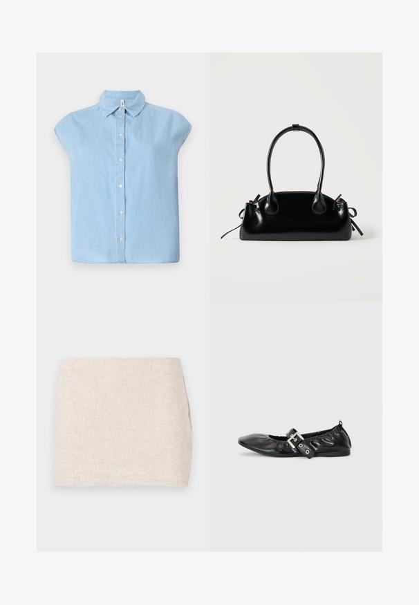 Blaues kurzärmliges Hemd mit Knopfleiste aus Denim-Stoff, klassischem Kragen und vorderer Knopfleiste, mit lockerer Passform und flachem Saum.; Beige Leinenrock mit minimalistischer Gestaltung, der eine glatte Textur und subtile Webart aufweist. Er hat einen geraden, schlichten Schnitt ohne sichtbare Verschlüsse.; Schwarze Leder-Ballerinas mit spitzem Zehenbereich, gerafften Details am Schaft und einem silbernen Schnallenakzent am verstellbaren Riemen.; Kleine schwarze glänzende Handtasche mit zwei langen Griffen und seitlichen Kordelzug-Details vor einfachem hellem Hintergrund.