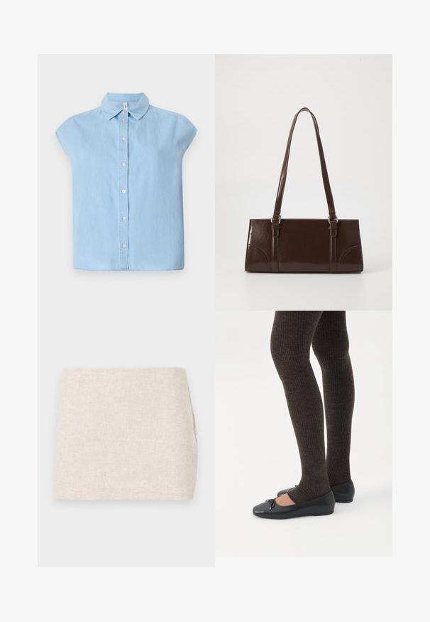 Blauwe korte mouwen knoopjesoverhemd gemaakt van denim stof, met een klassieke kraag en een knoopsluiting aan de voorkant, in een ontspannen pasvorm en met een rechte zoom.; Beige linnen rok met een minimaal ontwerp, voorzien van een gladde textuur en subtiele structuur. Het heeft een rechte, eenvoudige snit zonder zichtbare sluitingen.; Benen met donkere geribbelde leggings gecombineerd met zwarte ballerina's met kleine strikdetails op een witte achtergrond.; Bruine lakleren handtas met een rechthoekige vorm, twee lange handvatten en subtiele gebogen accenten aan de voorkant.