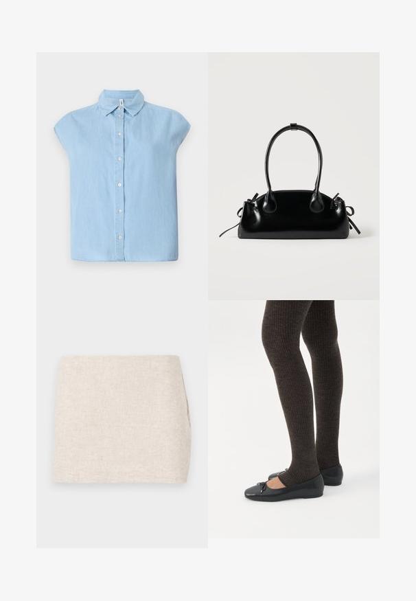 Blauwe korte mouwen knoopjesoverhemd gemaakt van denim stof, met een klassieke kraag en een knoopsluiting aan de voorkant, in een ontspannen pasvorm en met een rechte zoom.; Beige linnen rok met een minimaal ontwerp, voorzien van een gladde textuur en subtiele structuur. Het heeft een rechte, eenvoudige snit zonder zichtbare sluitingen.; Benen met donkere geribbelde leggings gecombineerd met zwarte ballerina's met kleine strikdetails op een witte achtergrond.; Kleine zwarte glanzende handtas met twee lange hengsels en zijkant trekkoord details op een effen lichte achtergrond.