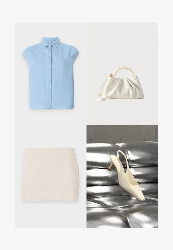 Sinine lühikeste varrukatega nööbiga särk, valmistatud denimpast, klassikalise kraega ja ees nööbiga kinnitamisega, lõtva lõikega ja tasase lähemisega.; Bež linane seelik minimalistliku disainiga, millel on sile tekstuur ja peen kudumine. Sellel on sirge, lihtne lõige ilma nähtavate kinnitusteta.; Kreemjas slingback-stiilis kassikandaga king ruudukujulise ninaosaga, mis toetub läikivale hõbedasele tuftitud nahkpinnale.; Väike valge käekott volditud kehaga, pärlitega kaunistatud ümmargune käepide ja eemaldatav õlarihm ühevärvilisel taustal.