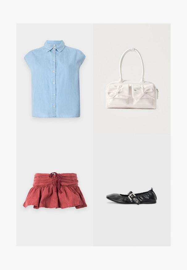 Blå kortærmet skjorte med knapper lavet af denimstof, med en klassisk krave og frontlukning med knapper, i en afslappet pasform og lige kant.; Rød mini nederdel med samlede kanter og en bindebånd i taljen, med en udvidet design og tekstureret stof. Glat finish med let rynke detaljer.; Sorte læder flade sko med spids tå, samling detaljer omkring åbningen, og en sølv spænde accent på den justerbare rem.; Hvid syntetisk håndtaske med to forlommer, hver med en bundet sløjfedetalje. Glat tekstur, afrundede håndtag og lynlås lukning.