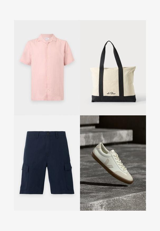 Chemise rose clair à manches courtes avec col, boutons sur le devant et étiquette GAP à l'intérieur du col.; Shorts cargo bleu marine avec fermeture avant à boutons, passants pour ceinture, poches latérales avec rabat et bouton, et ourlet droit.; Baskets en cuir blanc avec semelle en caoutchouc beige, lacets plats et accent en forme de V sur le côté. Présentent une surface lisse et peu de détails de couture.; Sac fourre-tout en toile avec longues anses noires, bordure noire en bas et poche avant avec logo "Les Deux" en écriture noire.