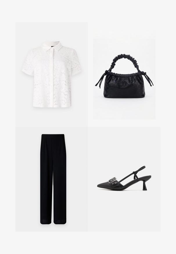 Hvid kortærmet skjorte lavet af blonderstof, med krave og knappelukning foran, dekoreret med blomster mønstre i hele materialet.; Vero Moda Petite VMLIVA SUPER WIDE PANTS - Bukser - black; Simmi London DALA - Pumps - black; Sort taske med krokodilletekstur, rynket øverste kant, samlet hank og snore med kvaster på hver side mod en hvid baggrund.