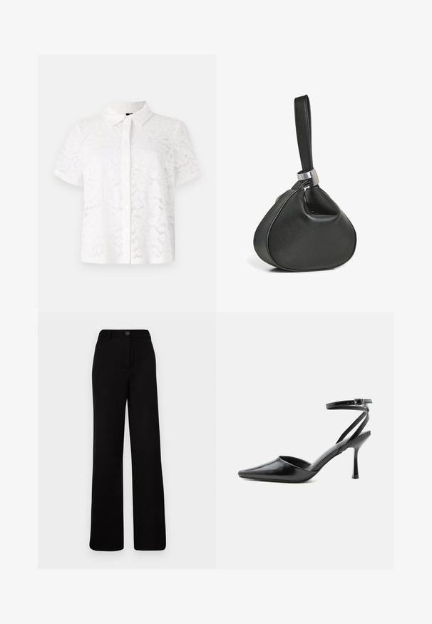 Camisa blanca de manga corta hecha de tela de encaje, con cuello y cierre frontal de botones, con patrones florales en todo el material.; Pantalones de pierna ancha negros con delantero plano, cierre de botón y una cinturilla estructurada. Fabricados en una tela suave con un diseño a medida.; Zapato de tacón alto negro de punta fina con delgadas correas en el tobillo y cierre de hebilla plateada sobre un fondo liso claro.; Bolso de mano de cuero negro con forma triangular suave y una correa ancha sujeta por un anillo metálico plateado.